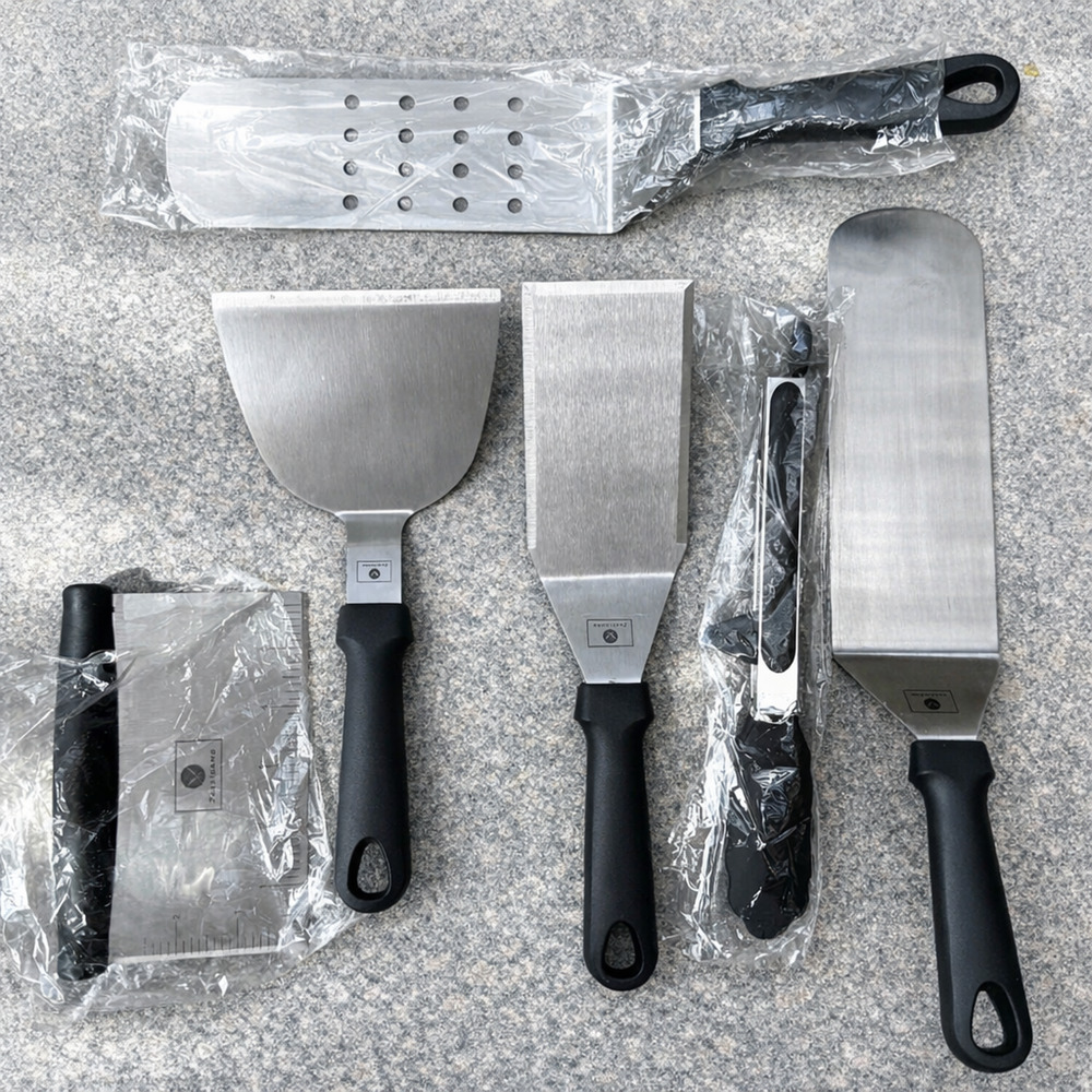 Jordigamo Stainless Griddle BBQ Tools Lot, 6 Spatulas Scraper Tongs Grill + Case